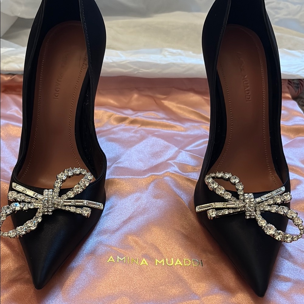 Amina Muaddi Black Heels with Crystal Bow